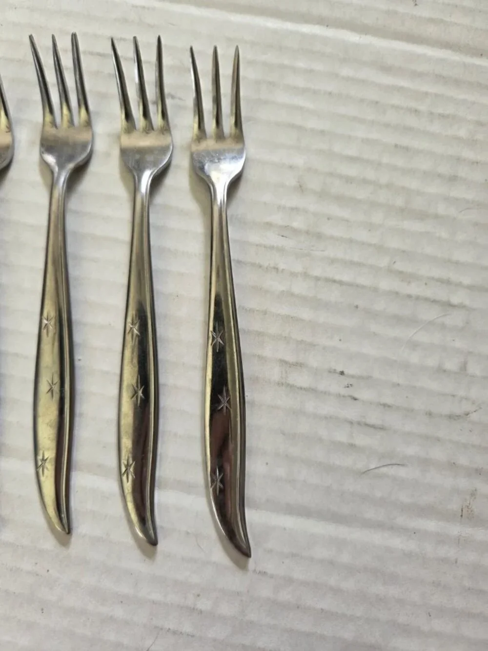 Vintage Starette Starburst Atomic Stainless Steel Cocktail Forks Set of 7 +knife